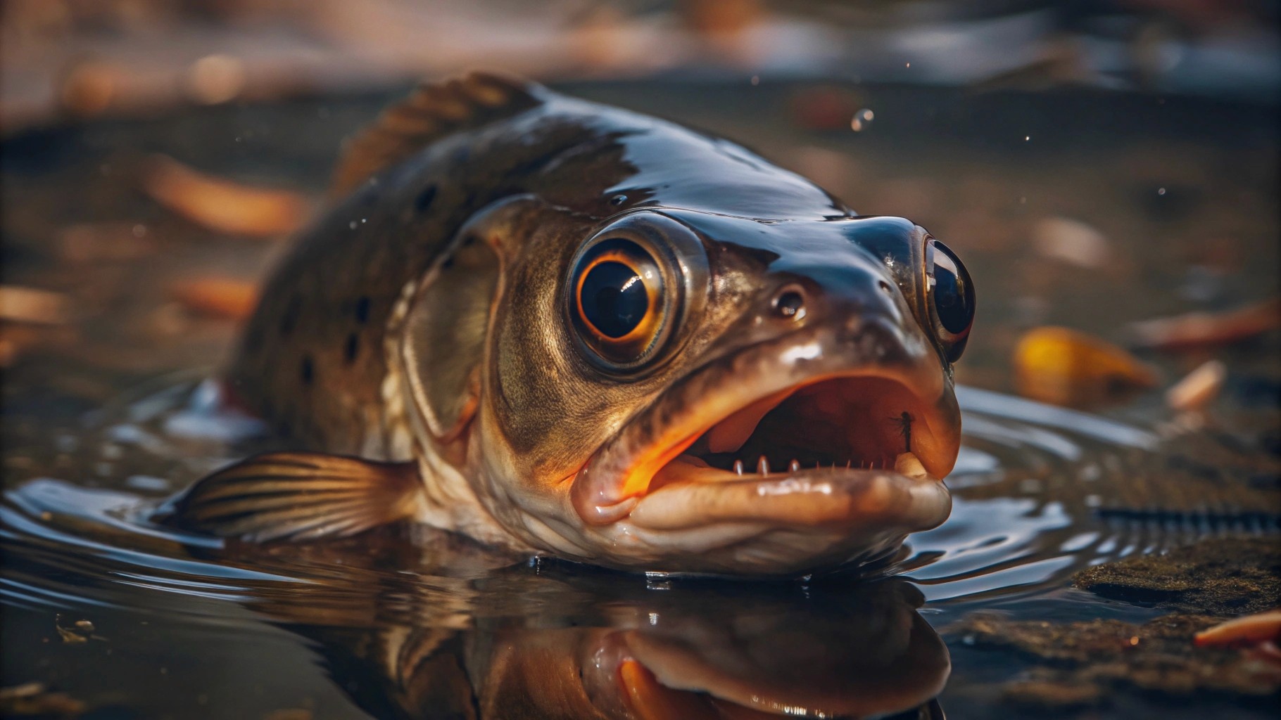 a hungry fish looks surprised looking from the pond