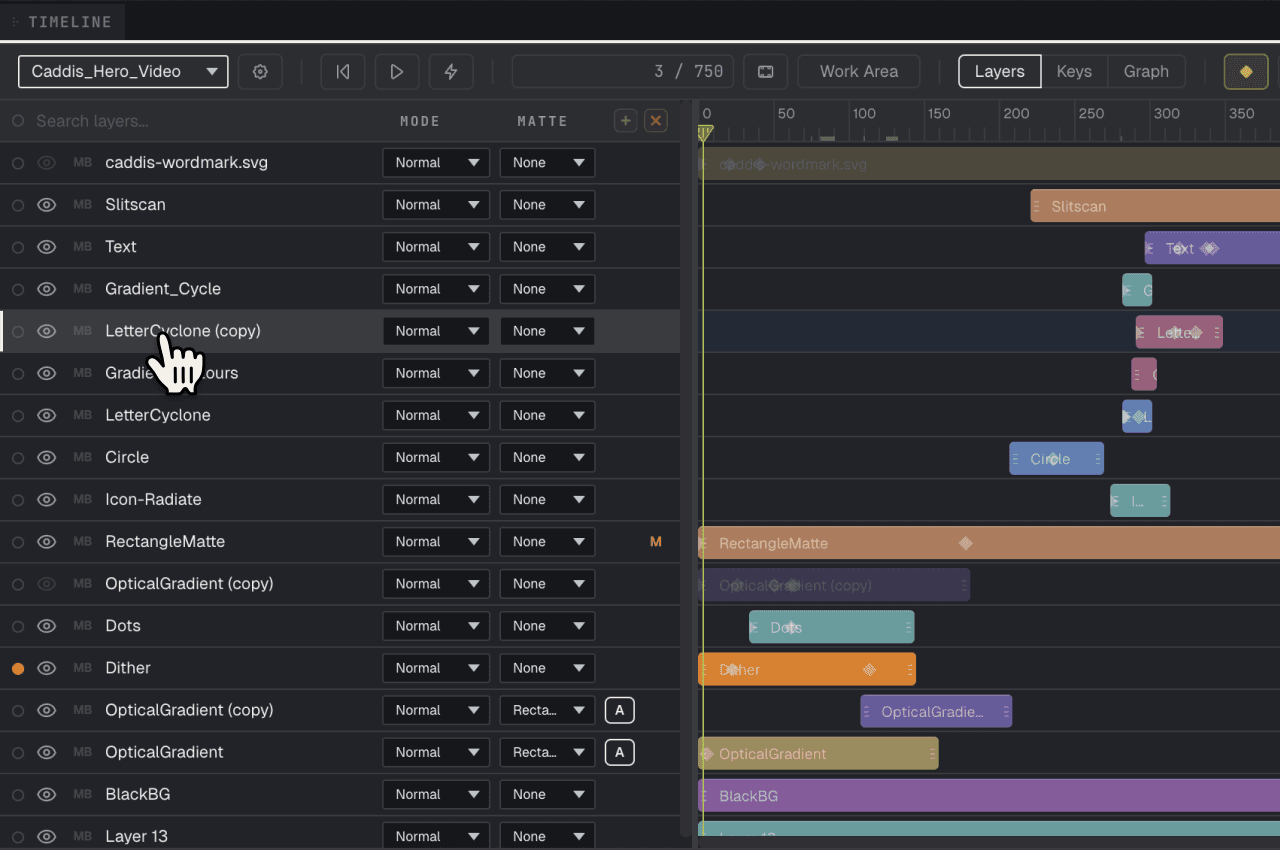 An image of Caddis' timeline panel