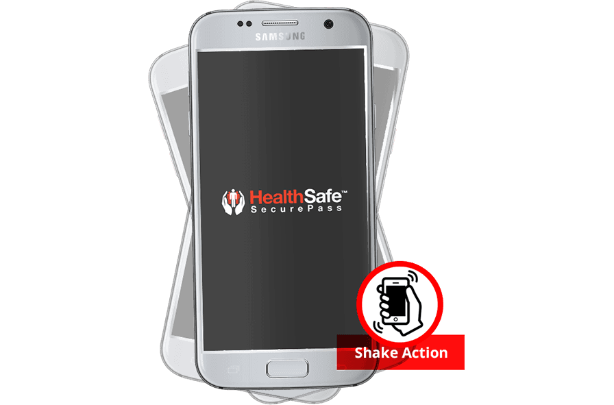 screenshot of healthsafe app with 'shake' overlaid