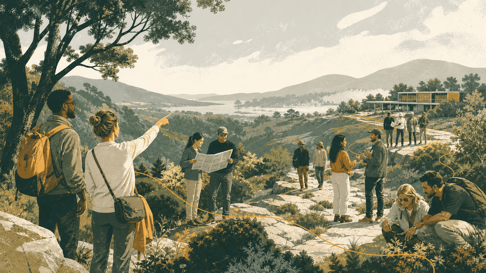Hiker overlooking a mountain trail, representing Trova guided hiking adventures and outdoor travel planning.