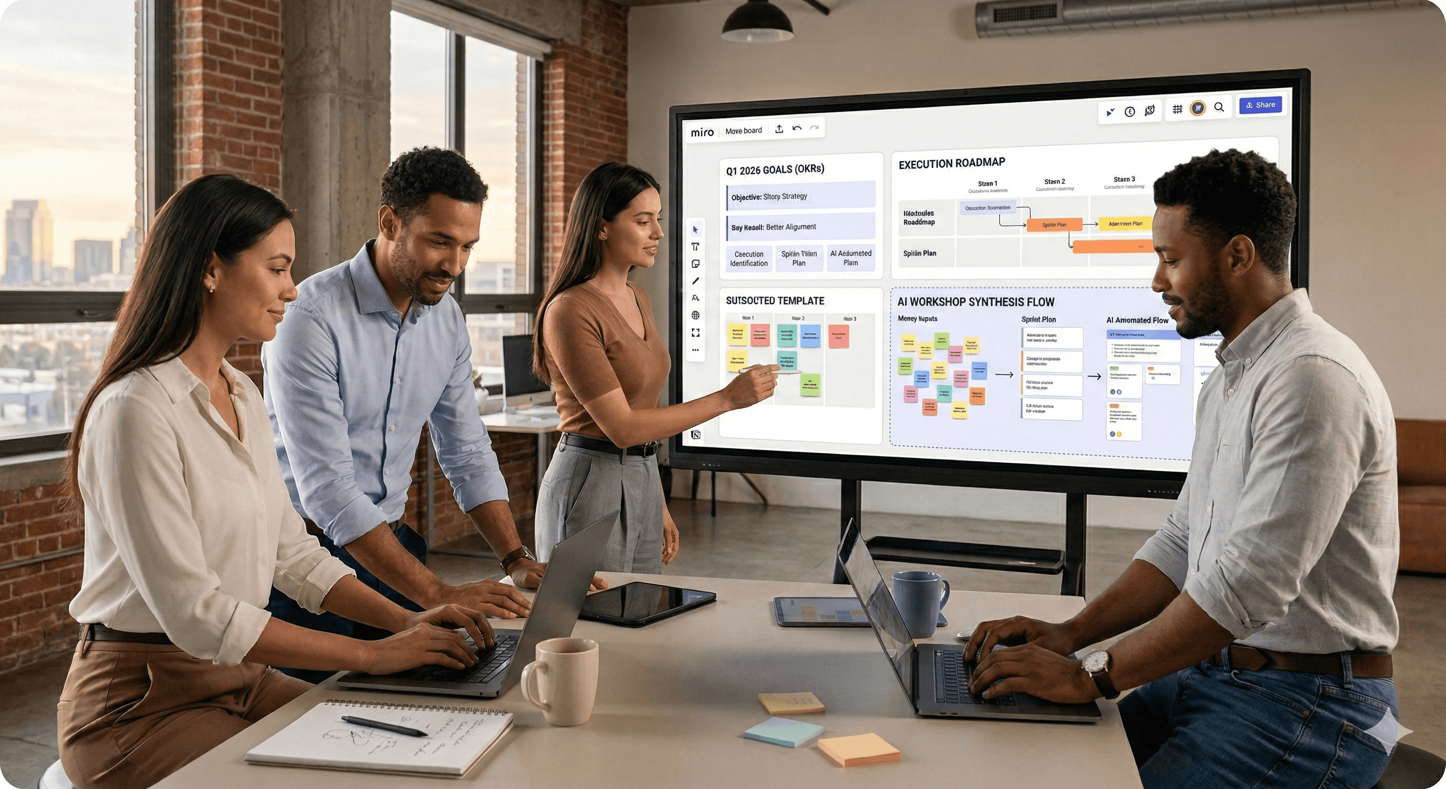 A group of four people collaborate in a modern office setting, using laptops and a large digital screen displaying Miro templates to plan and execute projects.