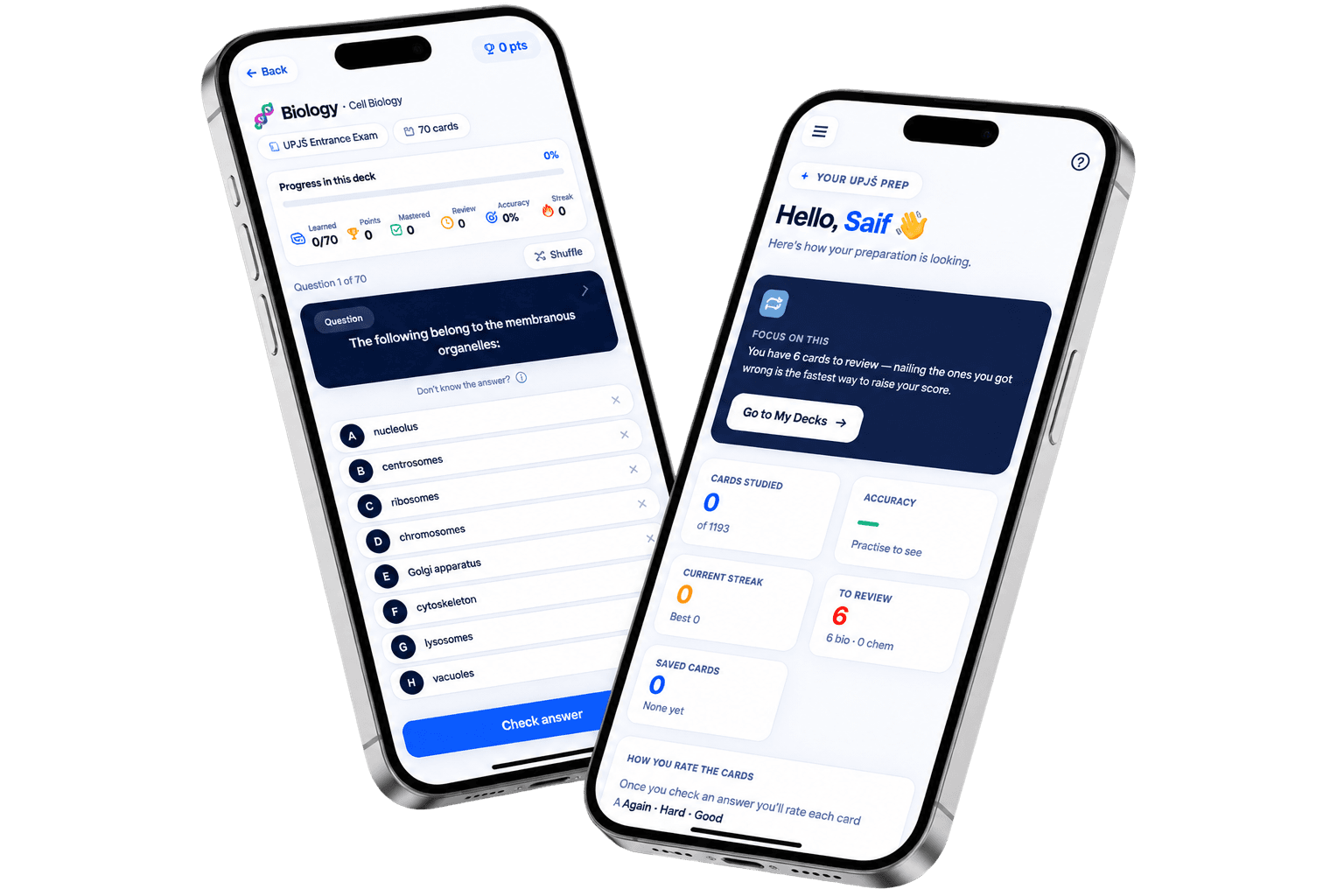 Medently flashcards for the UPJŠ entrance exam, shown on two phones