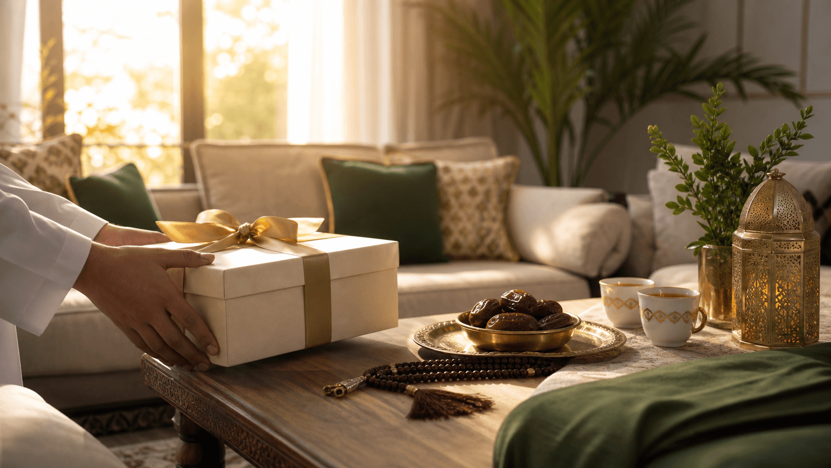 Wrapped Hajj Mubarak welcome-home gift with dates, tea and prayer beads on a family living room table