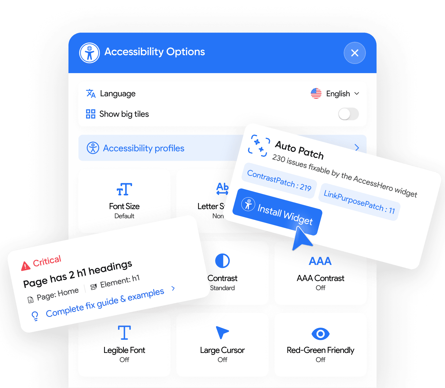 Accessibility widget graphic with accessibility results cards floating