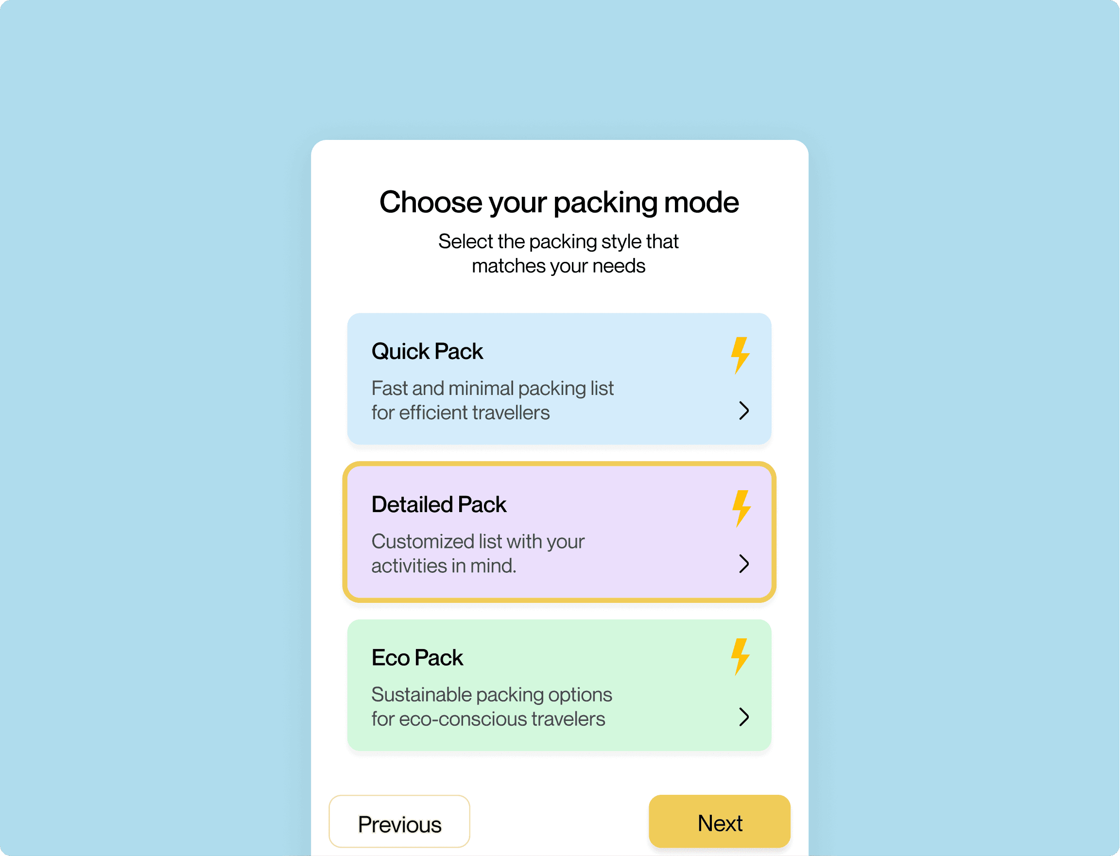 "Choose your packing mode" screen with "Detailed Pack" selected