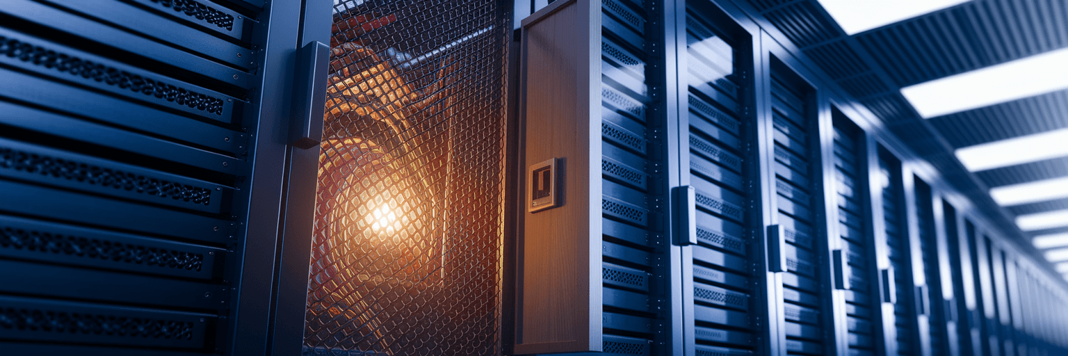 Server rack with an unlocked wooden gate.