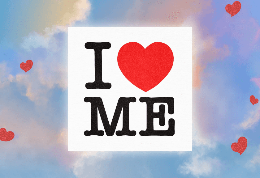 Colorful Galentine's Day poster with a cloud background and the text 'I ❤️ ME' celebrating self-love