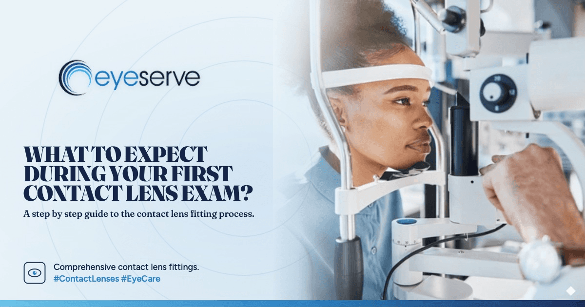 Hero image showing an optometrist conducting an eye exam with accompanying promotional text about eye care services.