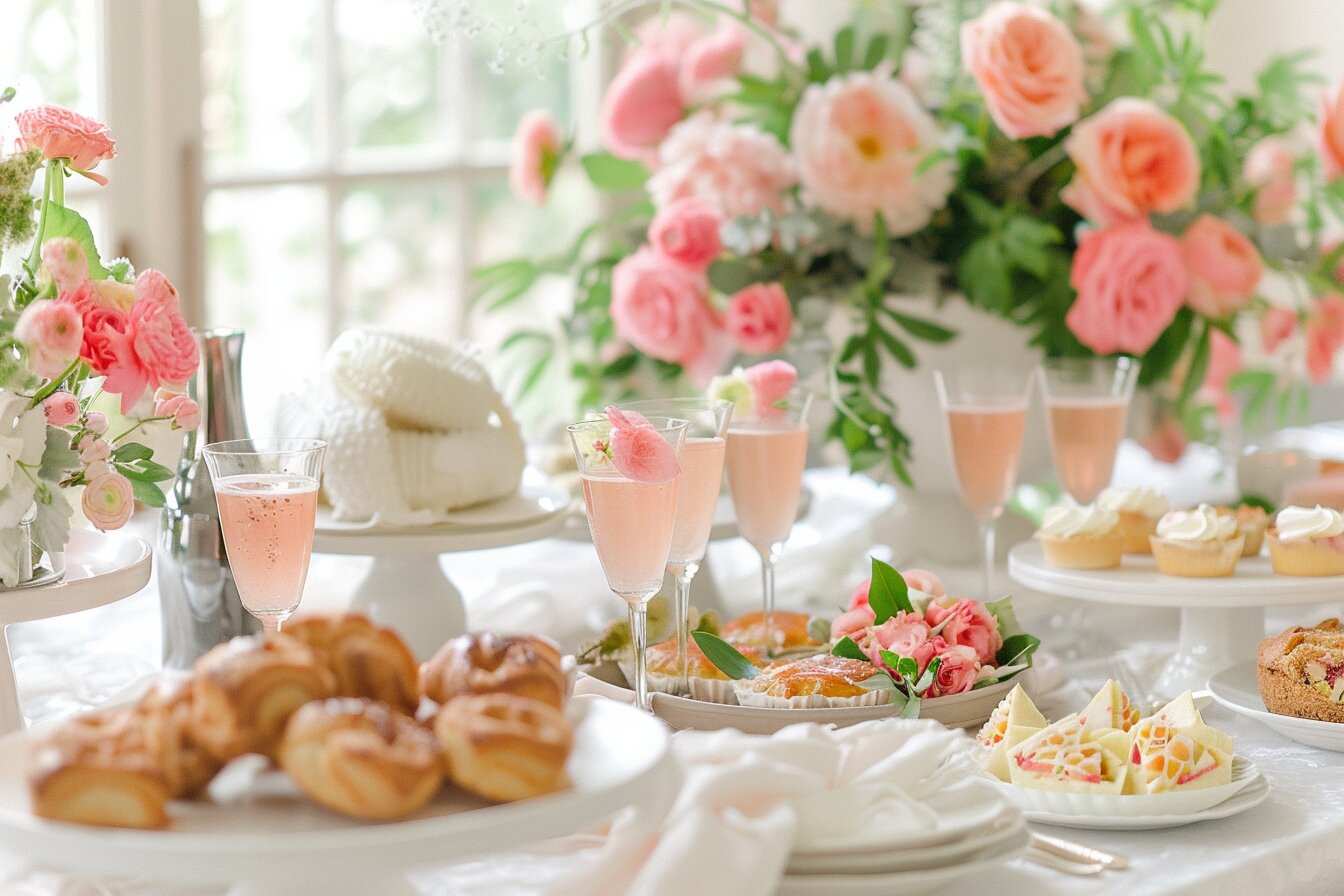 Elegant bridal shower brunch with floral décor, mimosas, and gourmet dishes styled for a Houston private chef event.
