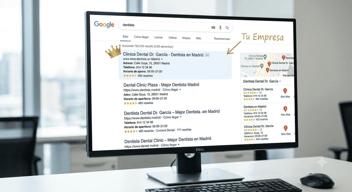 Resultados de búsqueda local en Google para servicios de SEO y GEO en Valencia.