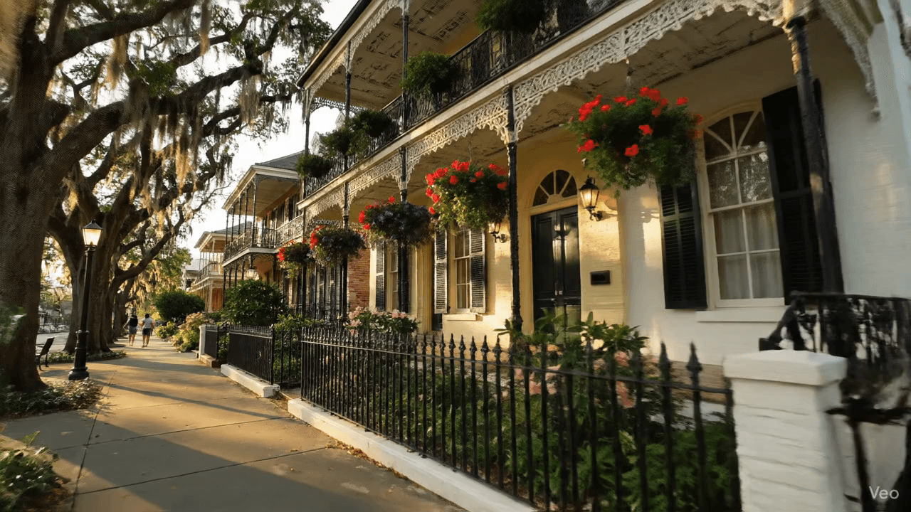 Beautiful view of a New Orleans street with live oak trees and spanish moss