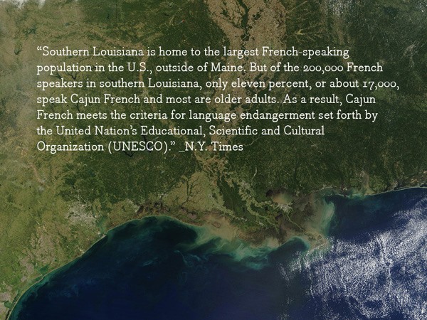 An aerial view shows a coastal area with dark blue-green water and a patch of lighter green land. A white text overlay reads: “Southern Louisiana is home to the largest French-speaking population in the U.S., outside of Maine. But of the 200,000 French speakers in southern Louisiana, only eleven percent, or about 17,000, speak Cajun French and most are older adults. As a result, Cajun French meets the criteria for language endangerment set forth by the United Nations’ Educational, Scientific and Cultural Organization (UNESCO).” The text is attributed to N.Y. Times.