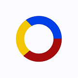 Circular logo with blue, yellow, and red segments forming a ring on light background