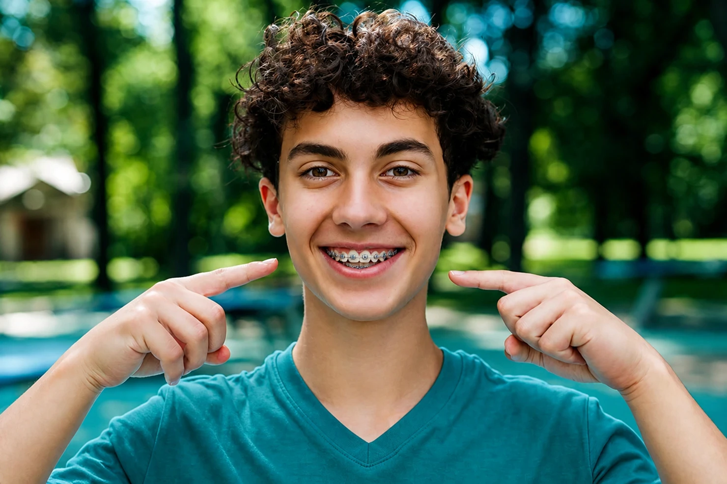 Young boy pointing at his metal dental braces while smiling outdoors in a park setting.
