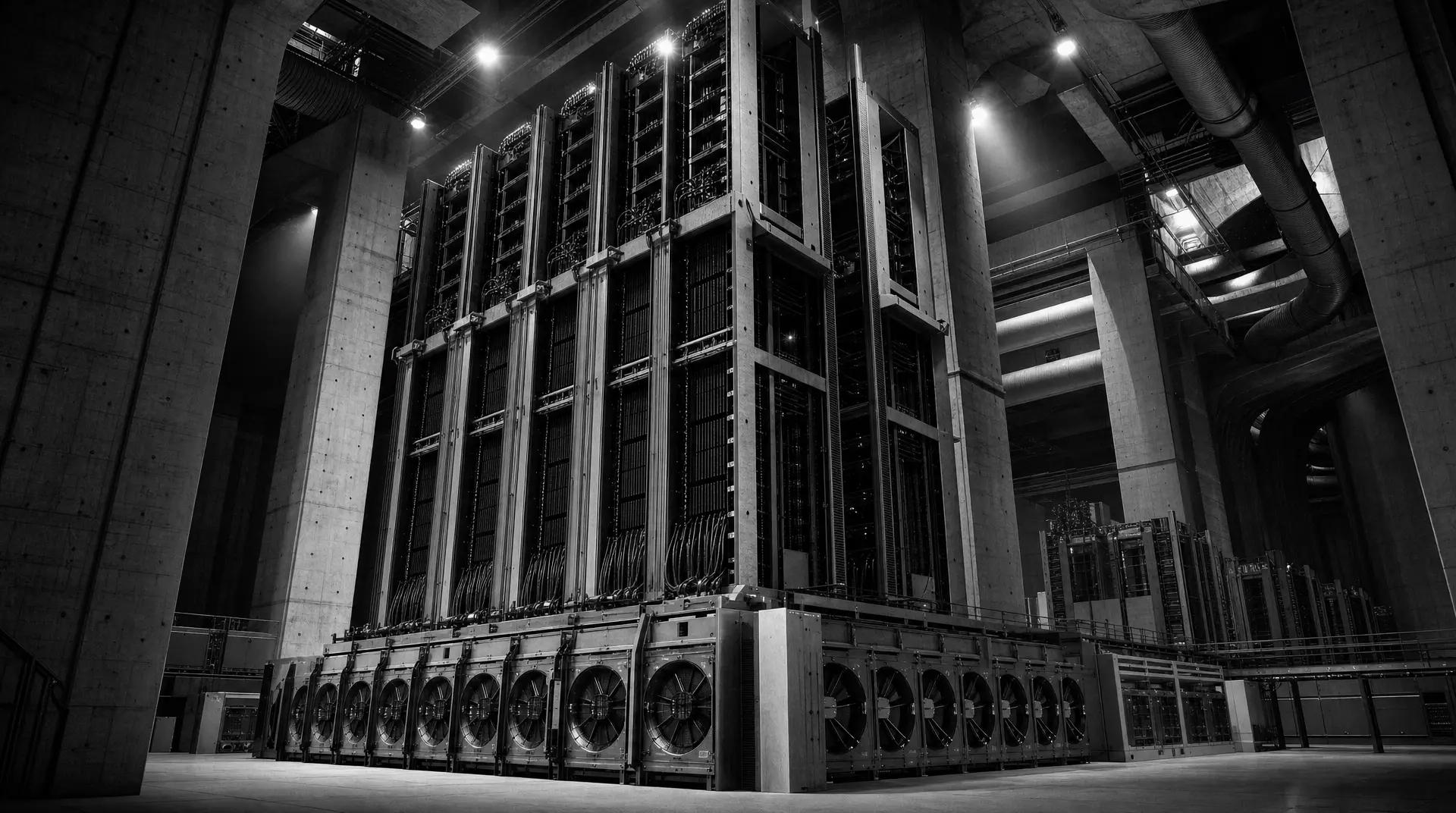 Monochrome interior of a large data hall with tall server racks and industrial ventilation, reflecting corporate brand identity through infrastructure-focused messaging.