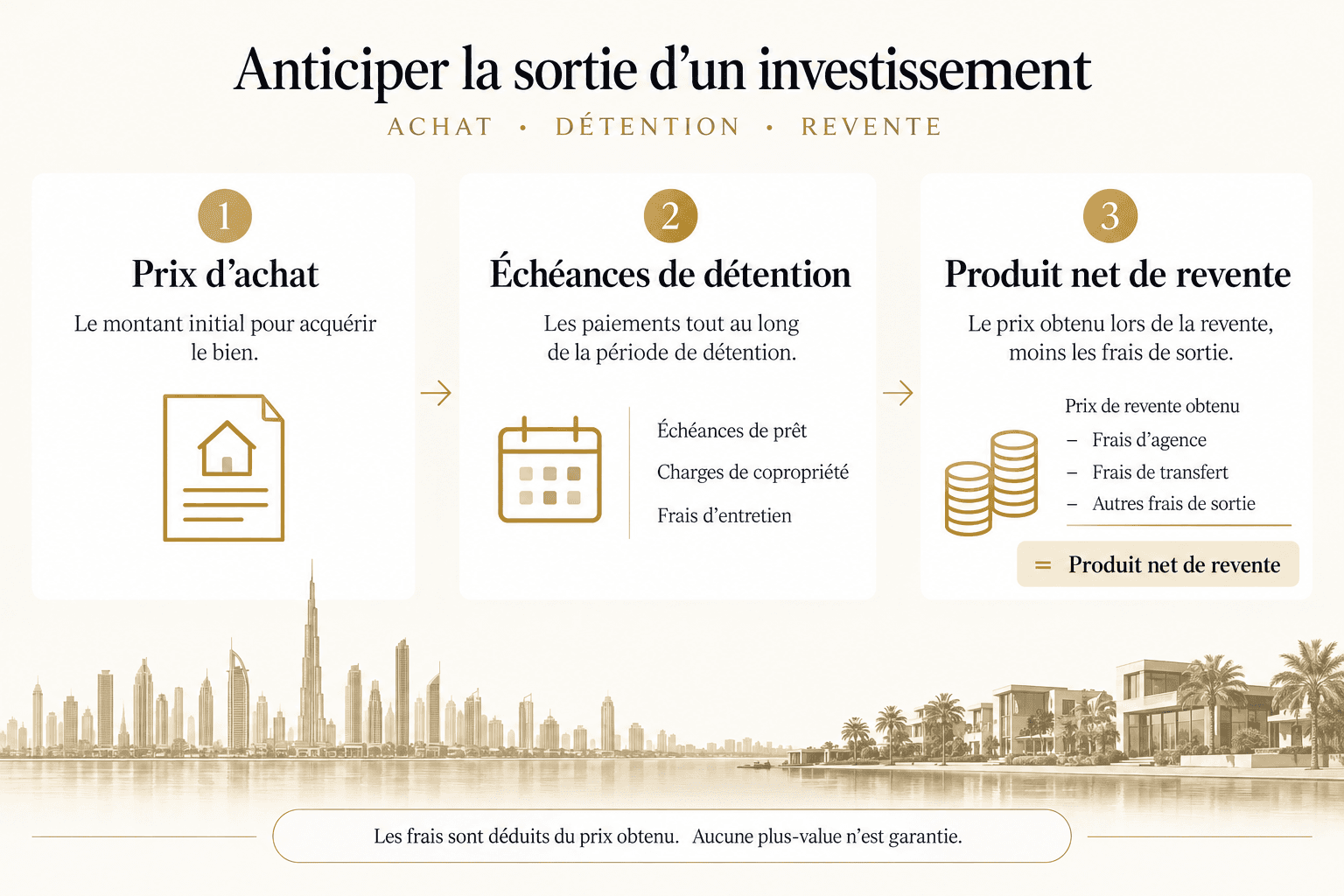 Infographie DSS expliquant sortie d’investissement immobilier à dubaï : l’anticiper et les vérifications concrètes à effectuer