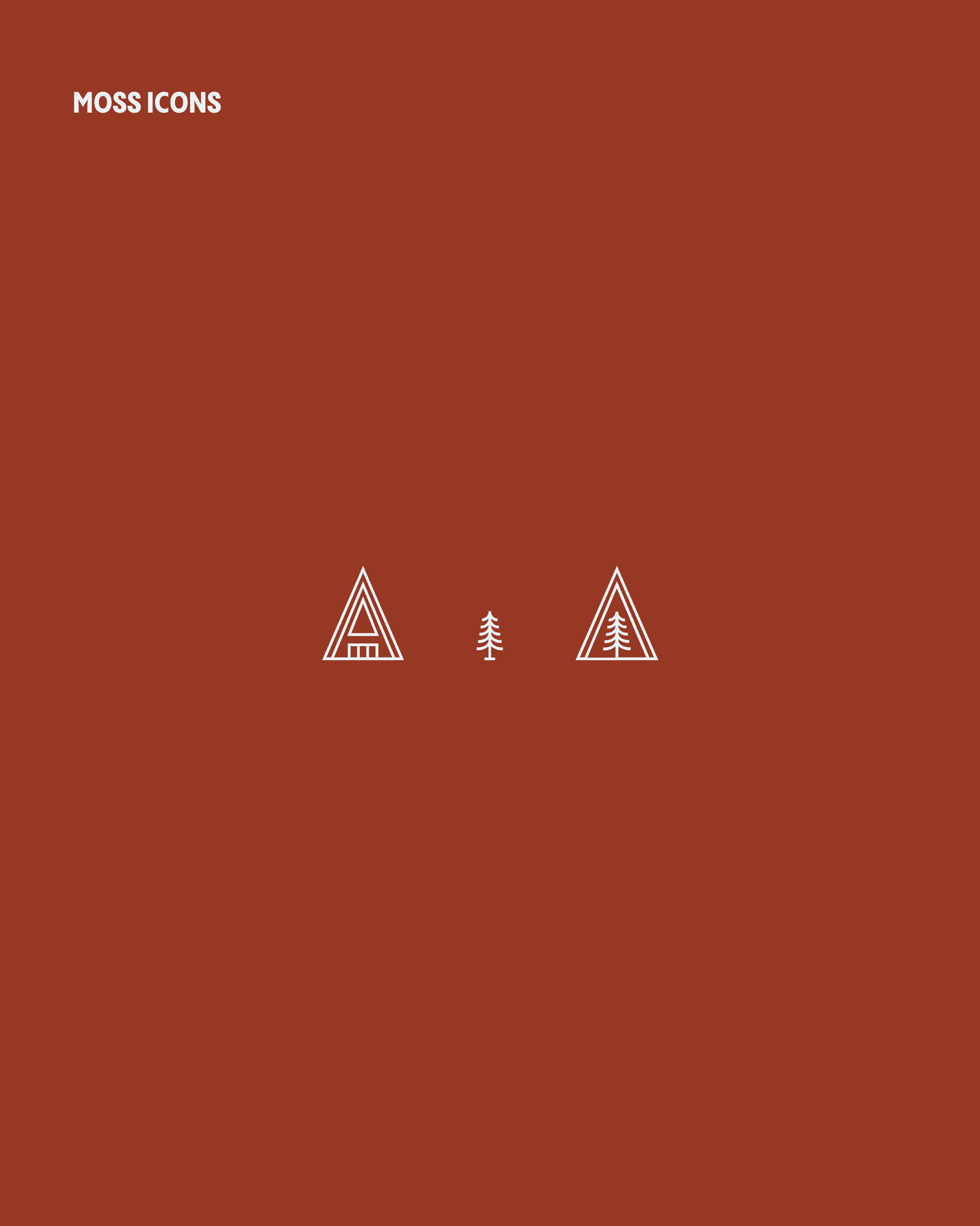 Moss iconography featuring A-frame cabin and pine tree symbols in cream on rust background
