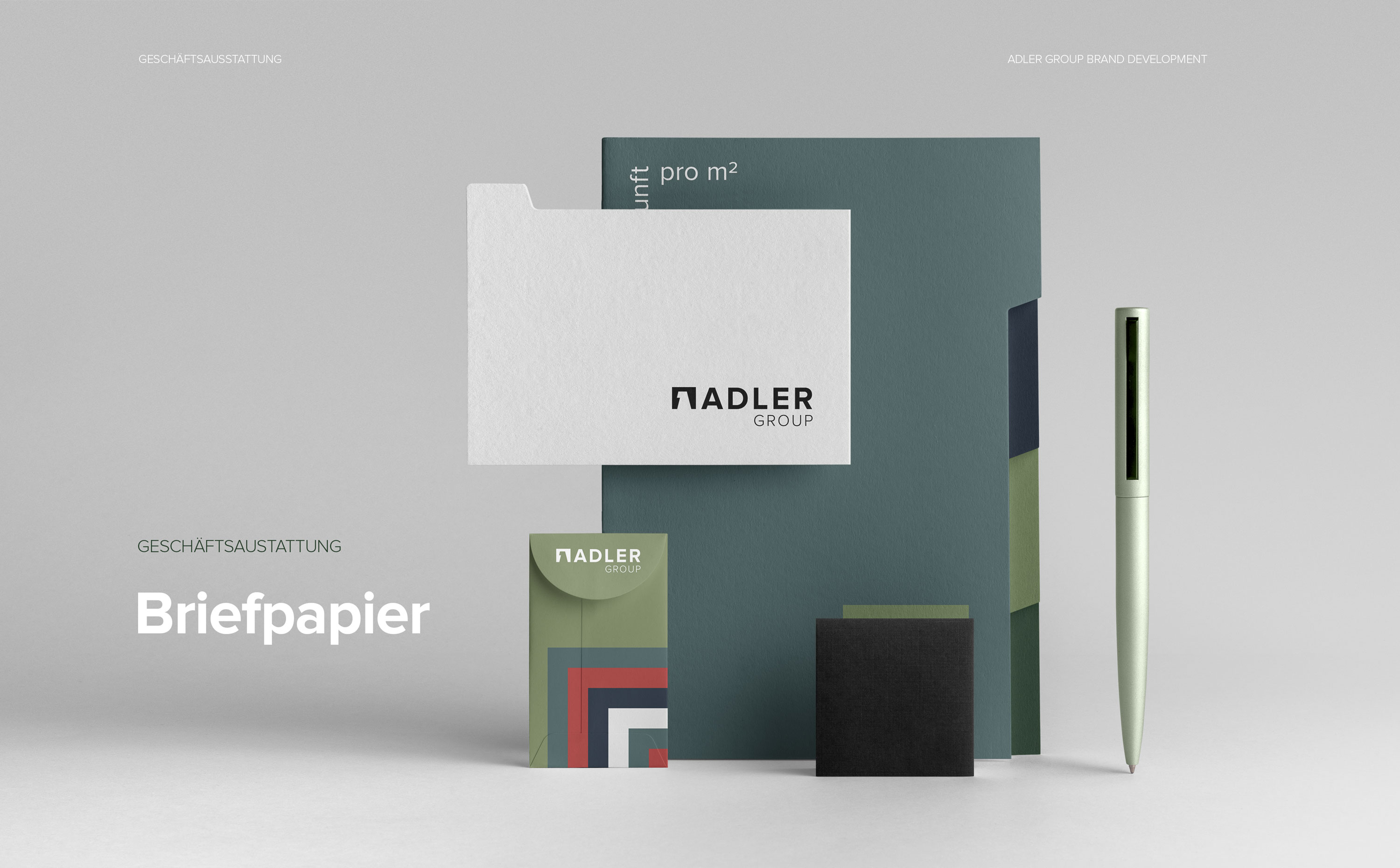 Geschäftsausstattung im Corporate Design der Adler Group – Briefpapier, Visitenkarten und Unternehmenskommunikation.