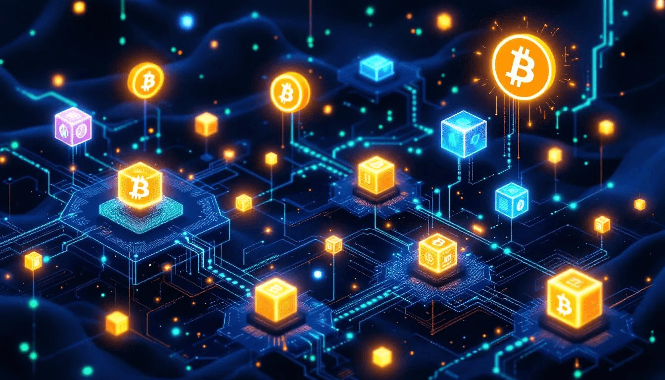 This conceptual illustration depicts the Bitcoin creation process, showcasing various cryptocurrency symbols and blockchain elements that represent the decentralized digital currency system. It highlights the mining process and the Bitcoin network, emphasizing the innovative technology behind Bitcoin transactions and the mysterious identity of its creator, Satoshi Nakamoto.
