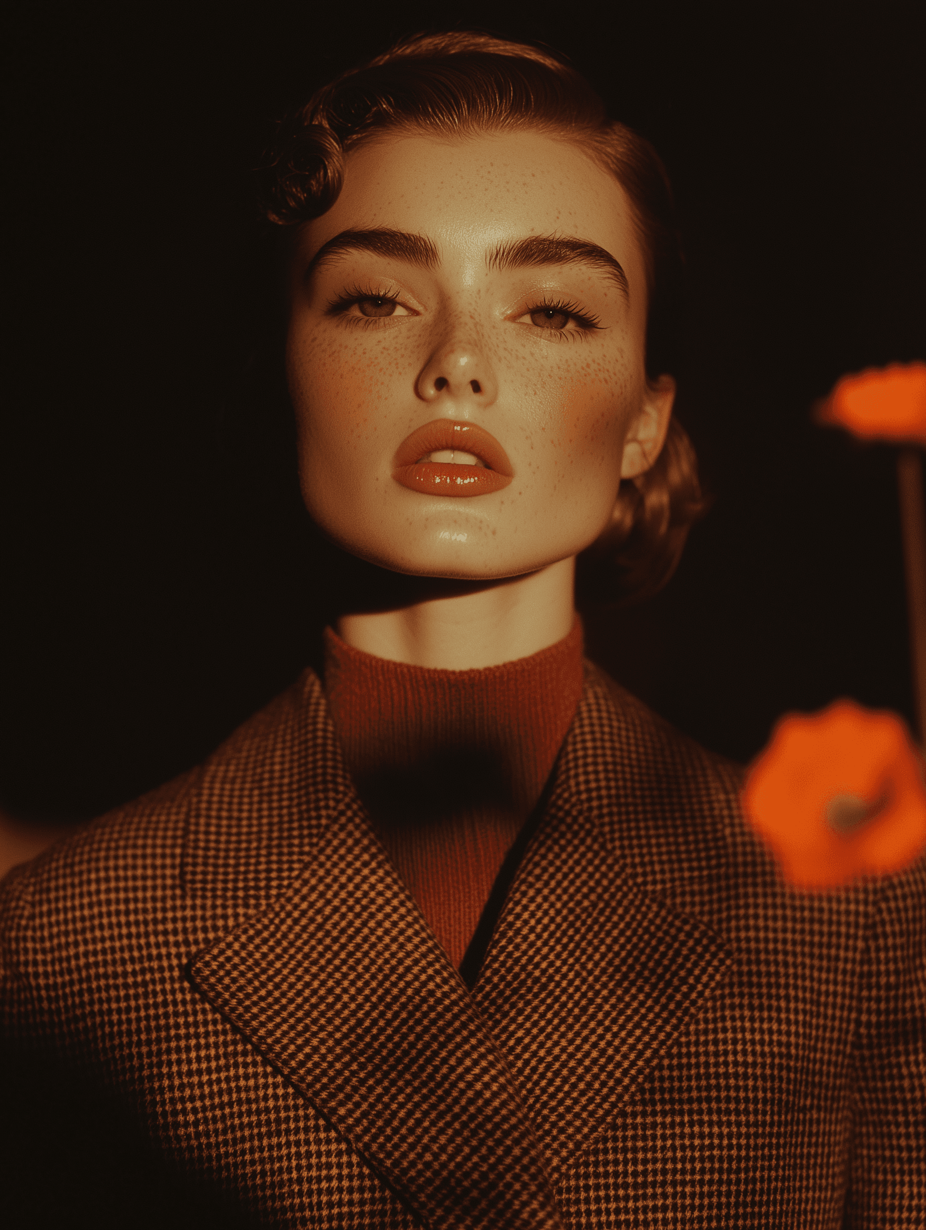 A woman with porcelain skin, striking freckles, and red lips poses against a dark background. She wears a brown textured coat and looks confidently at the camera, with vibrant orange flowers adding warmth to the composition.