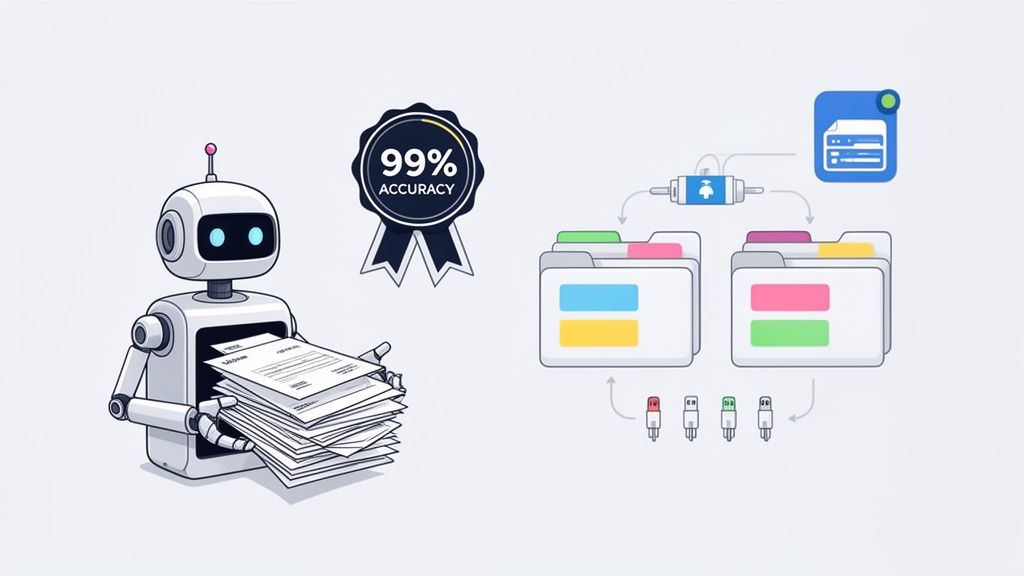 A robot processes documents with 99% accuracy, categorizing them into digital folders and data storage.