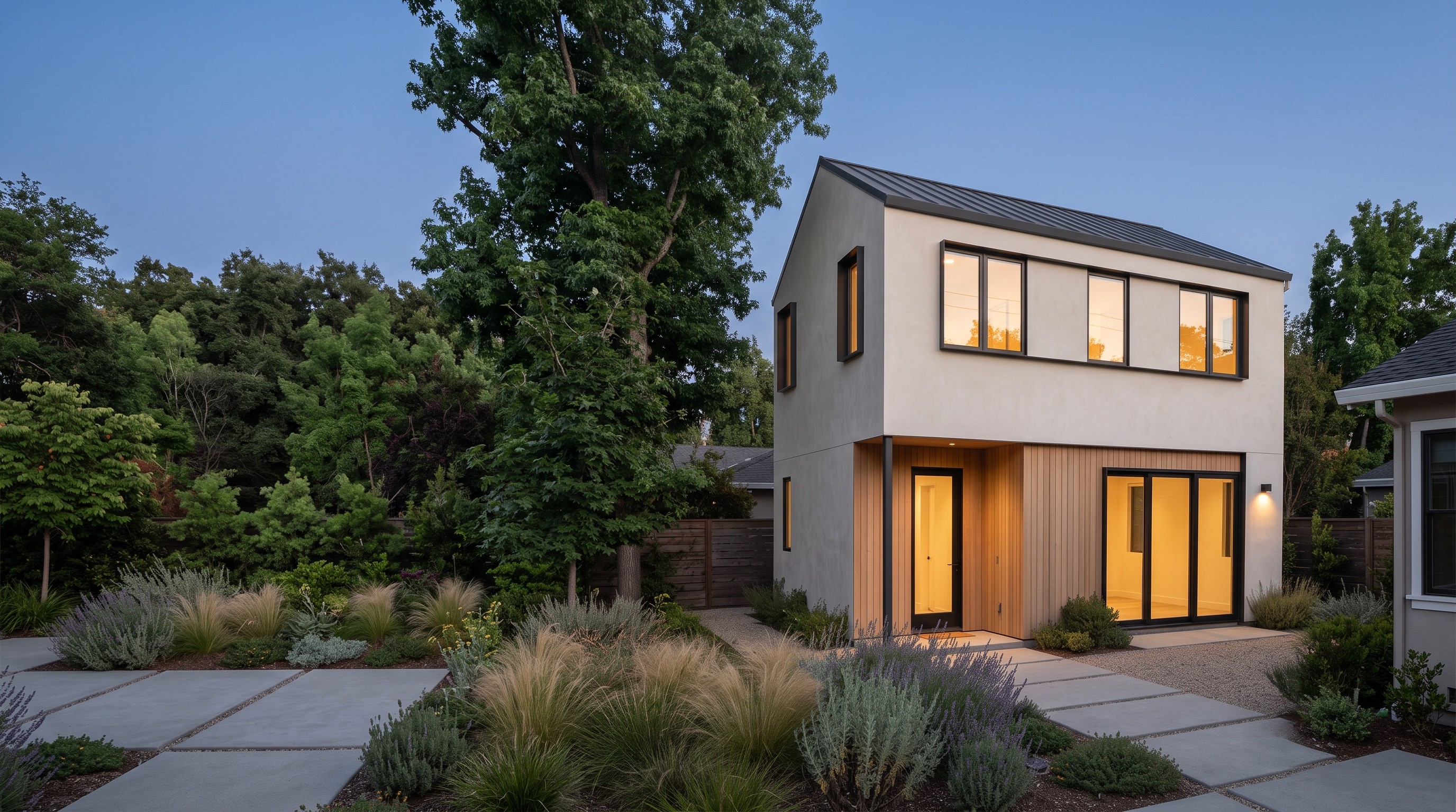 Conceptual exterior of a well-proportioned two-story ADU in California.