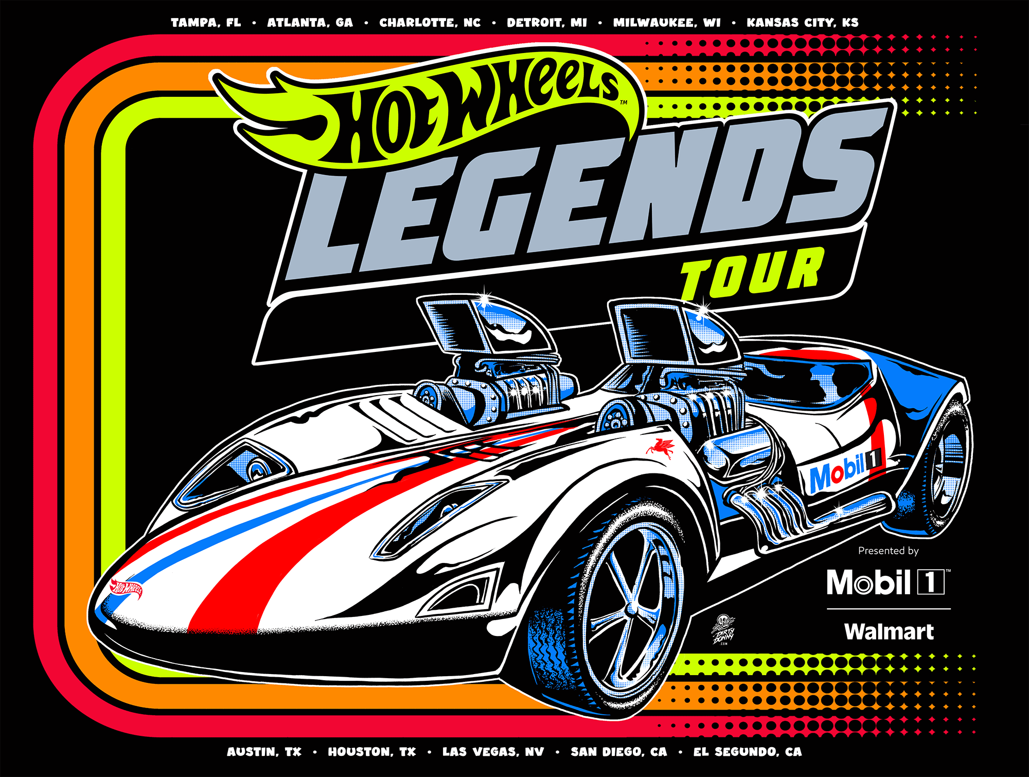 Illustrated Hot Wheels Legends Tour poster featuring the white and blue Mobil 1–branded Twin Mill car with red racing stripes, bold retro typography, and rainbow gradient borders listing U.S. tour stops.