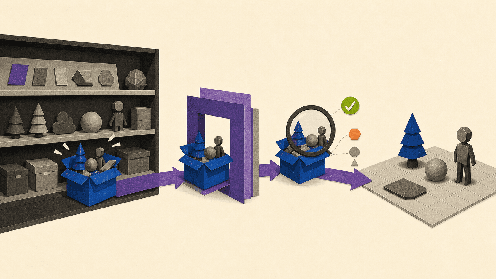 Editorial illustration of a game asset moving from an organized library through an inspection checkpoint into a Unity project scene.