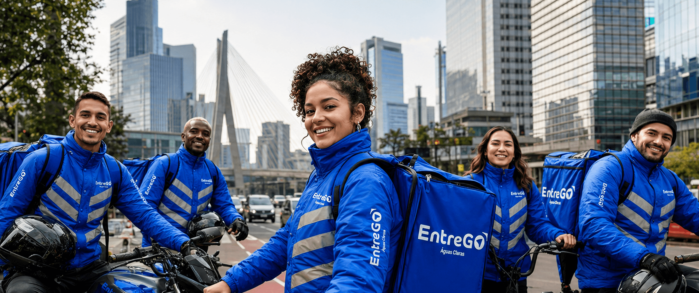 Equipe de entregadores parceiros EntreGô com jaquetas e bags, na cidade