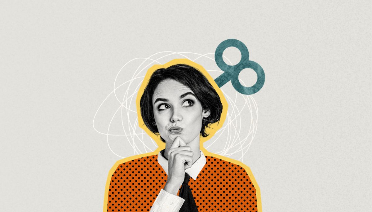 Thoughtful professional with wind‑up key graphic, symbolizing whether to opt out of AI resume screening.