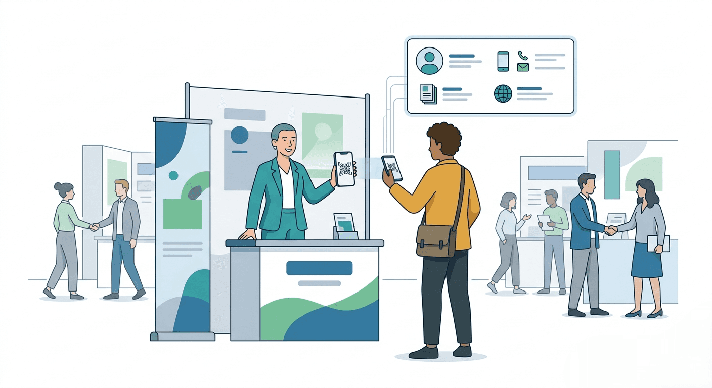 Exhibitor sharing a Habsy Business QR code at a trade show to provide visitors with a live digital company profile.