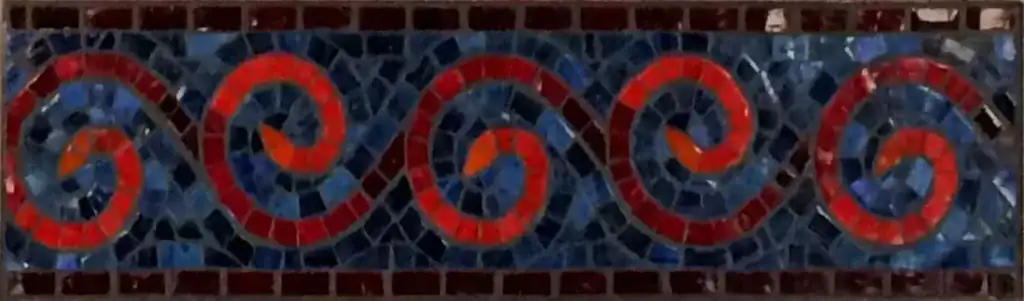 Red Spiral Wave mosaic border, Red on slate blue, hand-cut — reference H-37, Mosaiclegs Art Studio