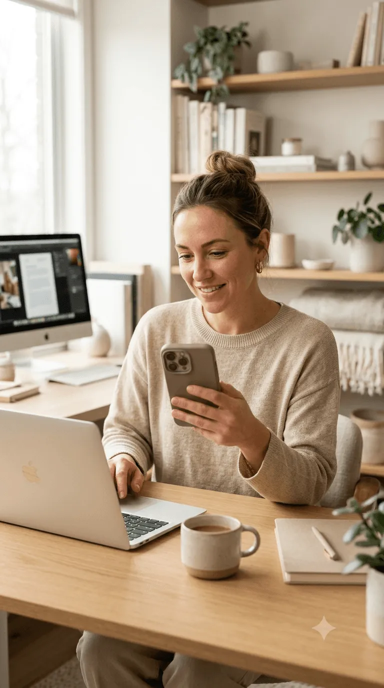 A person using a phone at their desk with an open laptop.