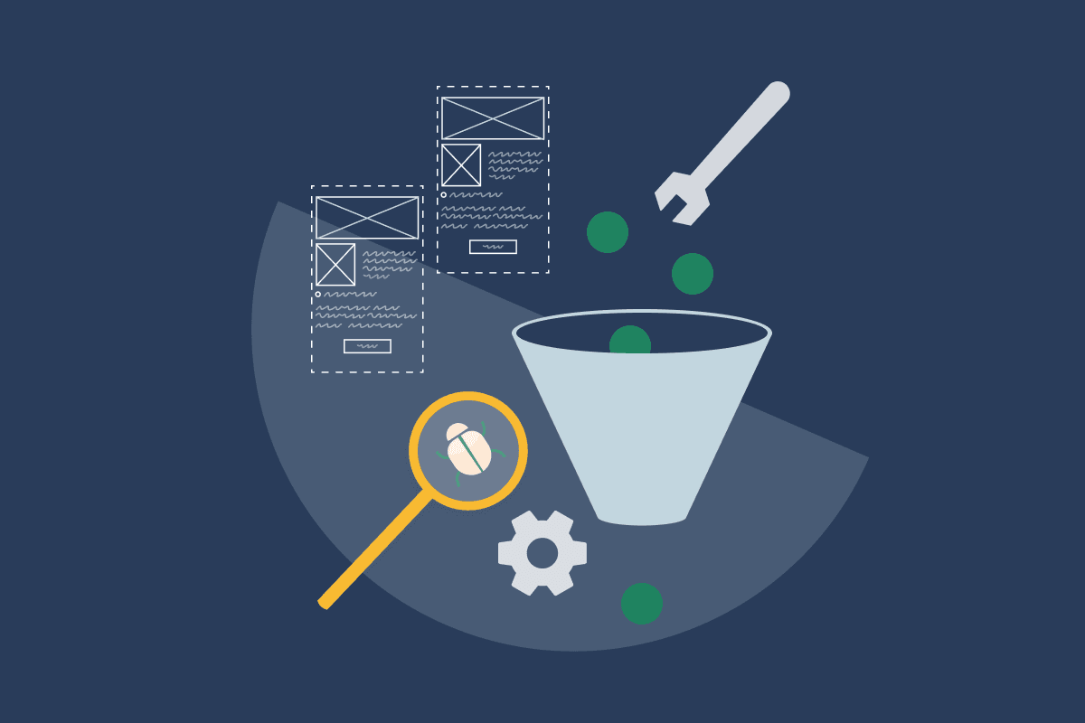 Multiple illustrations showing a spanner above a funnel, representing the improvement process. To the left are two hand-drawn wireframes. 
