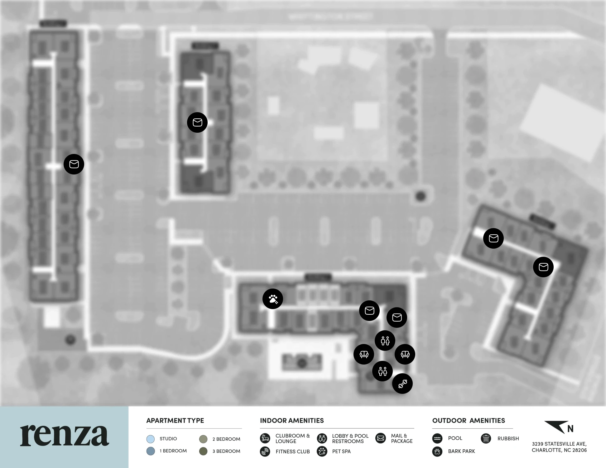 Site map of Renza apartments showing the location of the indoor amenities.