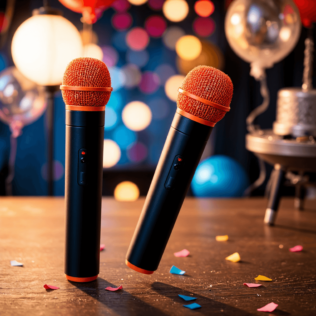 product photography of a pair of portable microphones designed for audio recording and amplification