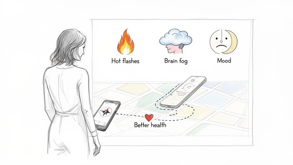 A woman observes menopause symptoms like hot flashes, brain fog, and mood, with a smartphone app providing health guidance.