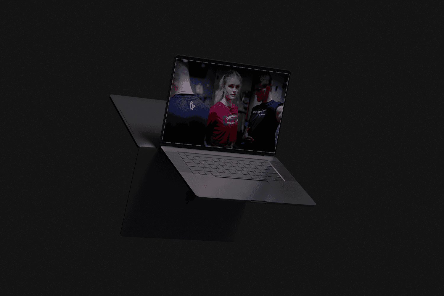 a floating laptop in a dark studio setting showcasing multiple photos of men and women in cinematic lighting