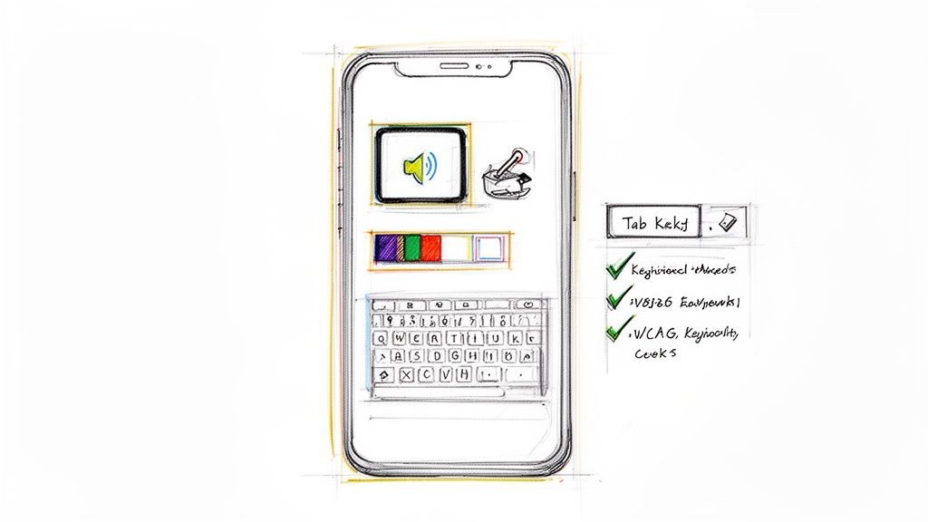 A hand-drawn smartphone sketch showing UI elements like a keyboard, speaker, color palette, and accessibility validation notes.