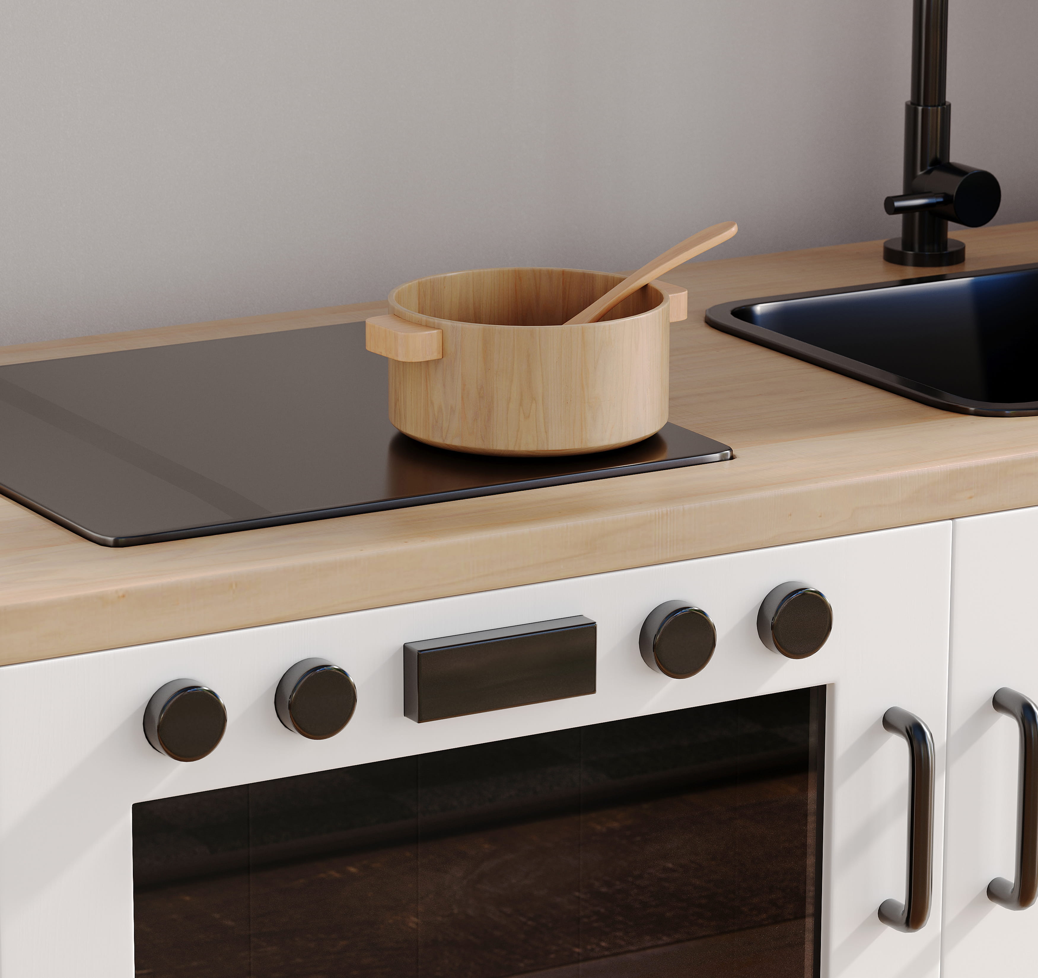 Close-up 3D render of kitchen cooktop with wooden pot and control panel detail