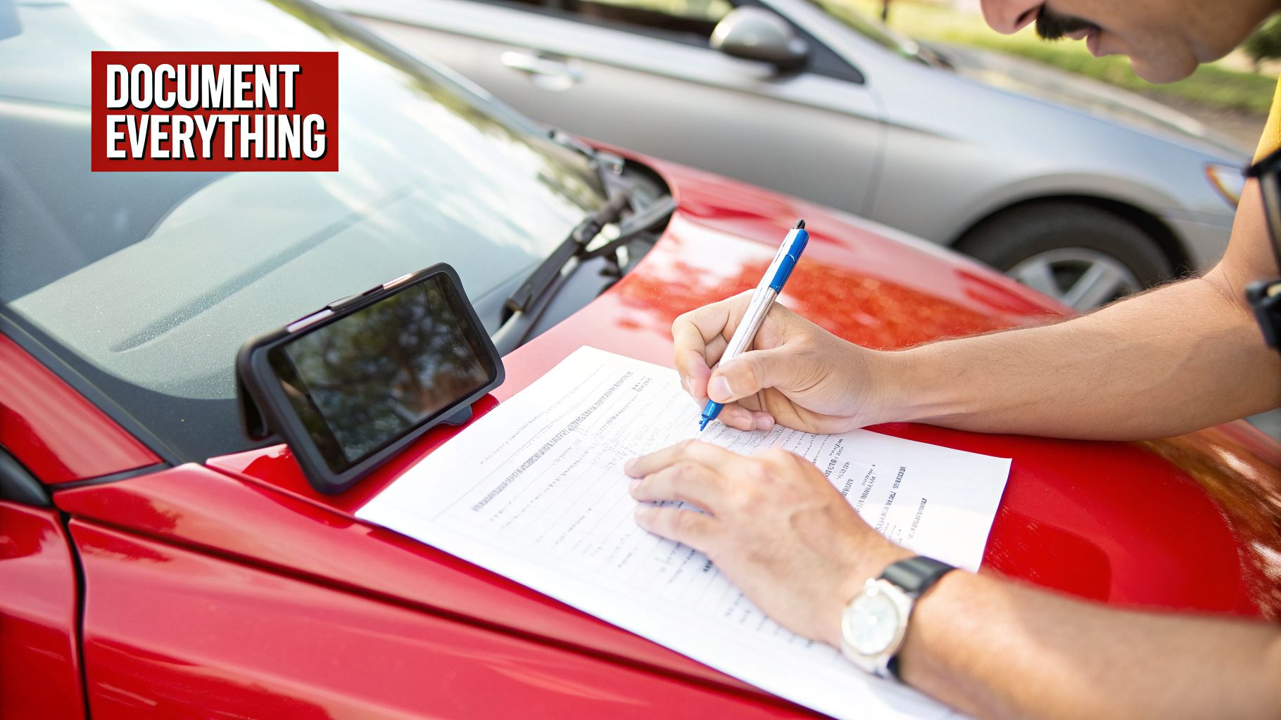 A person with a mustache writes on paperwork on a red car hood, with a smartphone nearby, emphasizing 'DOCUMENT EVERYTHING'.