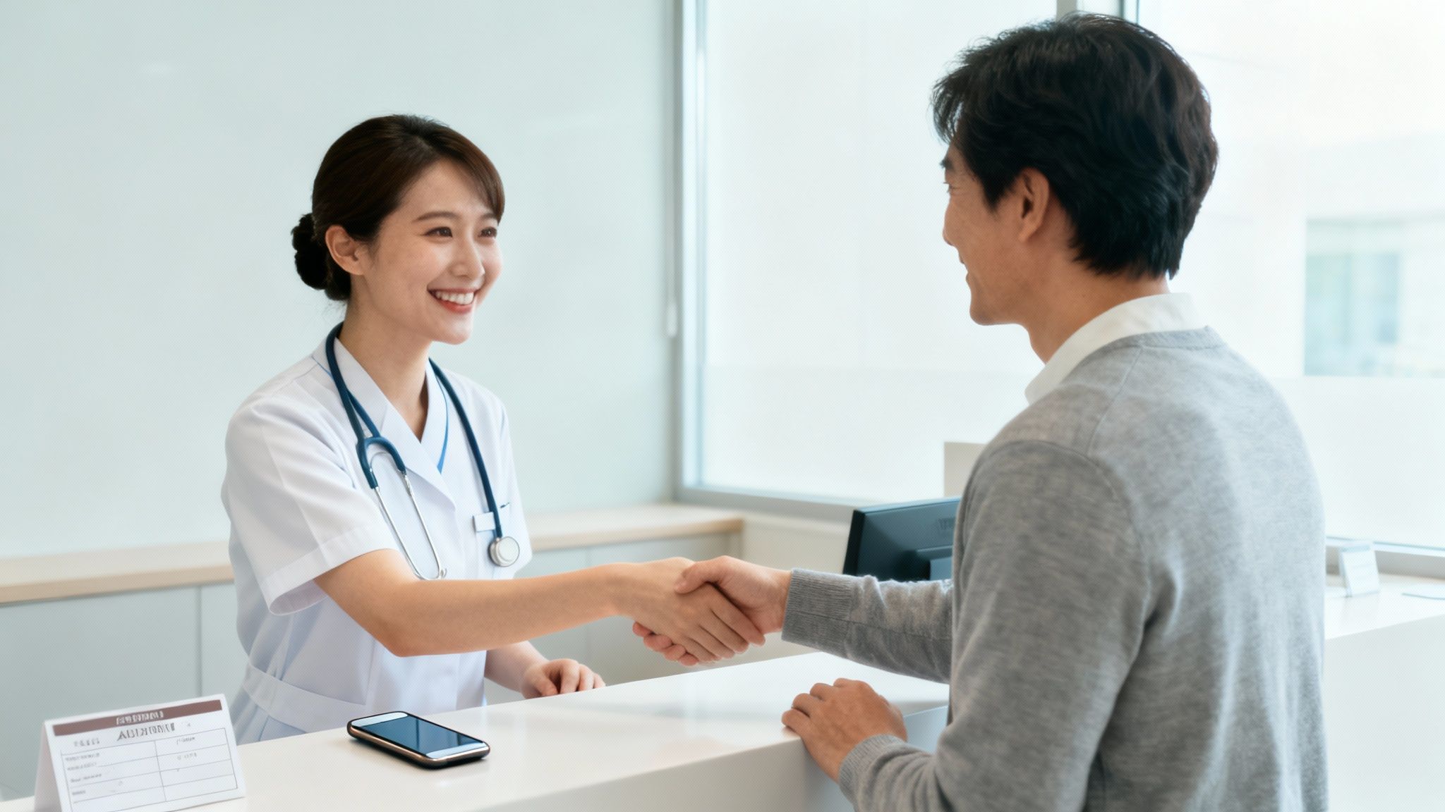 A healthcare professional smiling while interacting with a patient on a tablet.