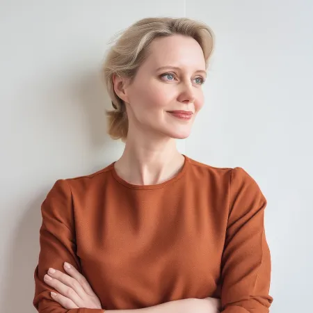 Woman in terracotta blouse presenting compassionate self-talk reframe AI prompt thumbnail for menopause coaches