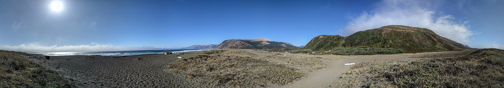 A wide panorama of Mattole Beach and the Lost Coast.