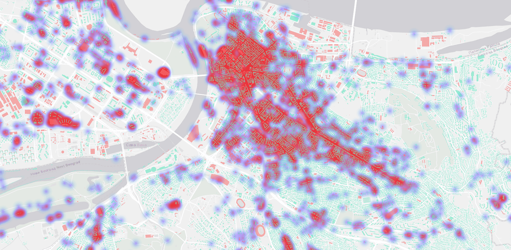 Location intelligence view comparing 500 m and 1 km buffers around stations
