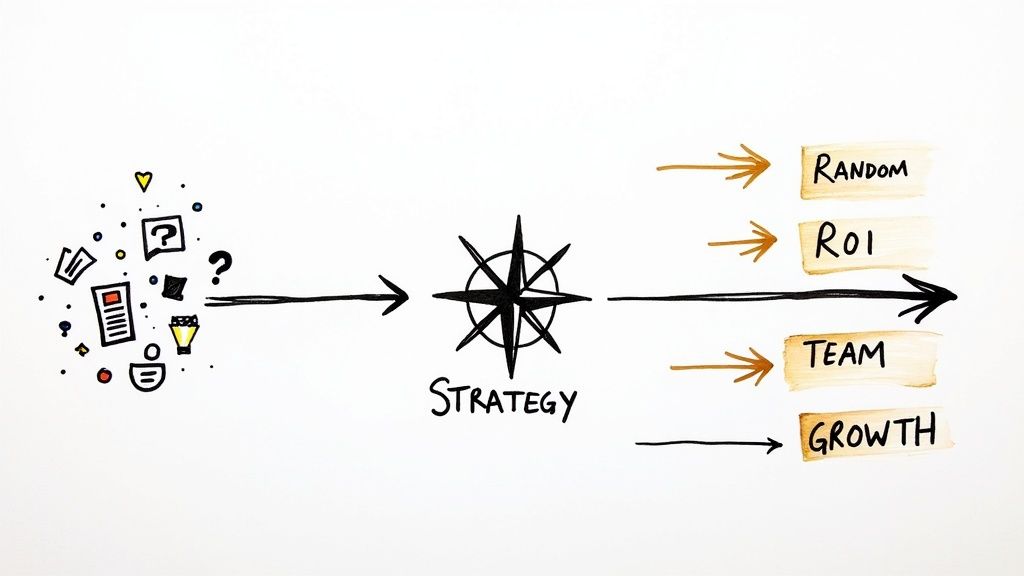 A diagram illustrates how various ideas and concepts are processed through a strategy, leading to different outcomes: random, ROI, team, and growth.