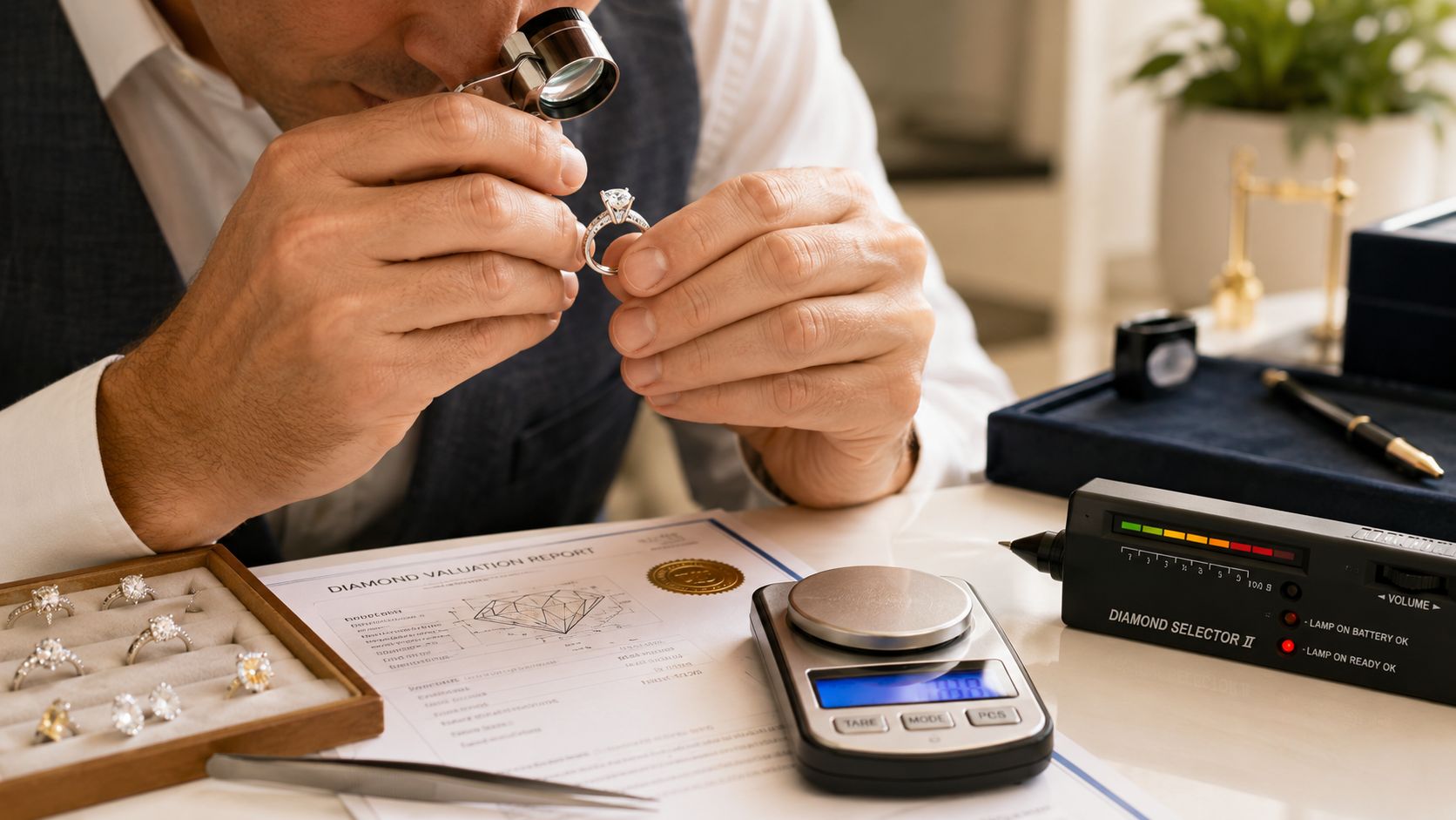 A professional jeweler meticulously inspecting a diamond ring using a magnifying loupe at a jewelry appraisal desk.