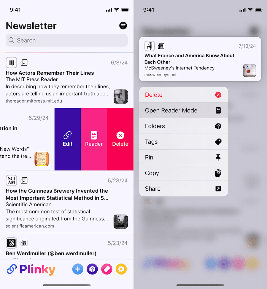 Reader Mode Swipe and Long Press Actions