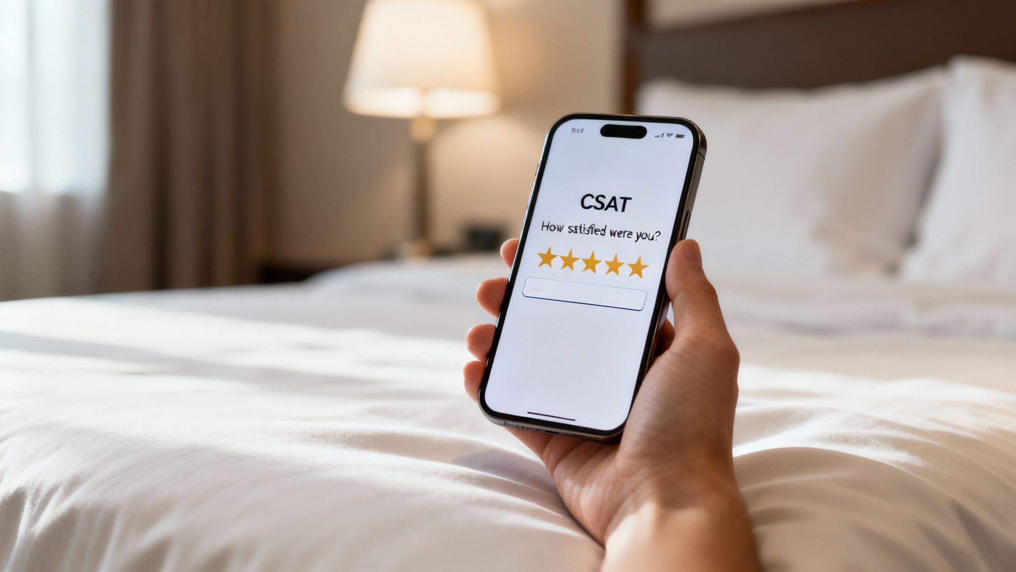 A hand holds a smartphone showing a 5-star customer satisfaction survey in a hotel room.