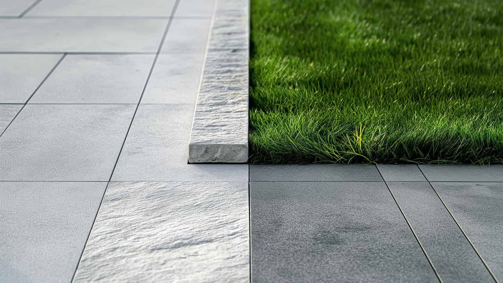 Stone patio and lawn joint, precise outdoor design alignment
